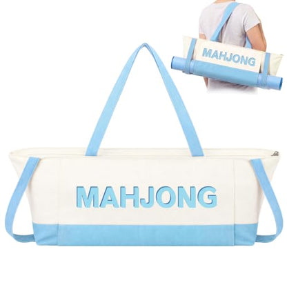 Abbylike 28x9 Inches Mahjong Bag for Rolled Mat Tiles Racks Pushers Accessories Empty Mahjong Tote Bag with Zipper Closure Outer Pockets Lining Large Capacity(Light Blue,Canvas) - color: Light Blue