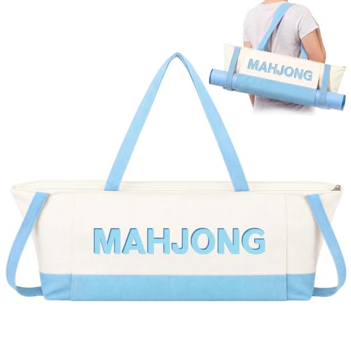Abbylike 28x9 Inches Mahjong Bag for Rolled Mat Tiles Racks Pushers Accessories Empty Mahjong Tote Bag with Zipper Closure Outer Pockets Lining Large Capacity(Light Blue,Canvas) - color: Light Blue