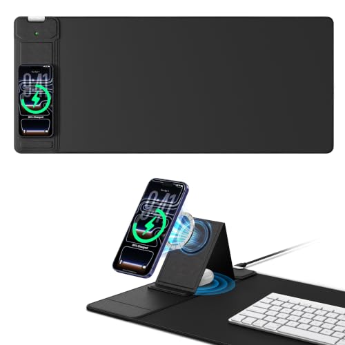 Mouse Pad with Magnetic Wireless Charging & Adjustable Phone Stand | 27.5"x11.8" Computer Mouse Mat with Anti-Slip Base & Stitched Edge, Easy Gliding, Spill-Resistant Surface, Black - color: Black-Magnetic Stand-27.5"x11.8"-Left