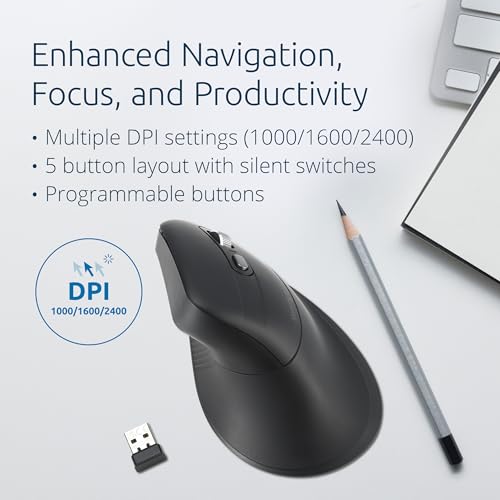 Kensington MY630 EQ Wireless Rechargeable Mouse, Ergonomic Vertical Design, Bluetooth LE, 2.4GHz, Black (K72484NA) | Ergonomic vertical design, Bluetooth LE and 2.4GHz connection, rechargeable battery - size: Full-Size