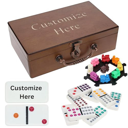 WE Games Personalized Mexican Train Dominoes in Wooden Treasure Box, Dominoes Set for Adults, Customized Gifts