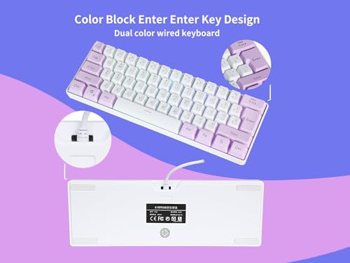 SAMA Gaming Keyboard 60 Percent, 61 Keys RGB Backlit Wired, Waterproof, Compact & Portable for PC/Mac Gamer, Travel & Business Trip - White Purple
