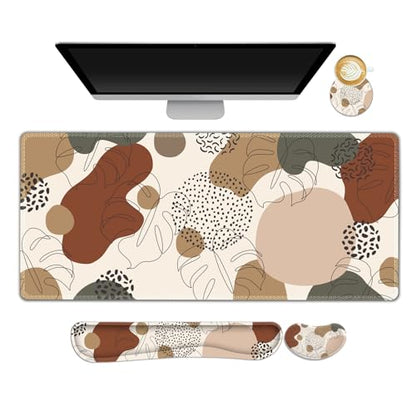 ARTSO Desk Pad and Keyboard Wrist Rest, Large Gaming Mouse Pad+Keyboard Wrist Pad+Mouse Wrist Support, 4 in 1 Desk Mat Protector for Office, Home (Abstract Leaf) - color: Brown Abstract Leaf