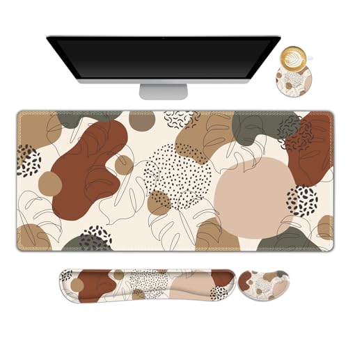 ARTSO Desk Pad and Keyboard Wrist Rest, Large Gaming Mouse Pad+Keyboard Wrist Pad+Mouse Wrist Support, 4 in 1 Desk Mat Protector for Office, Home (Abstract Leaf) - color: Brown Abstract Leaf