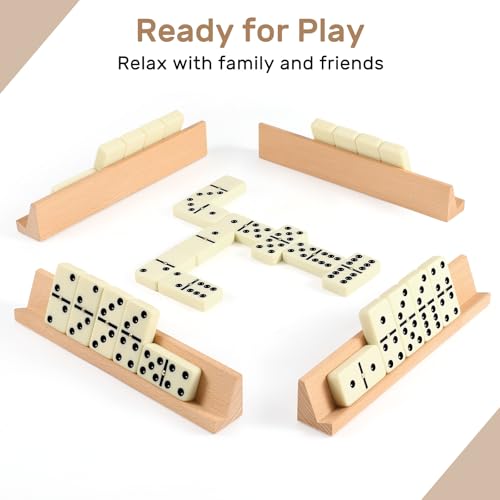 Dominoes Set Adults with 4 Wooden Racks/Trays Double Six Dominoes Travel Set with Portable Case Double 6 Dominoes Set with 4 Tiles Holders 28 Tiles Dominos Set Family Classic Board Games White - color: White