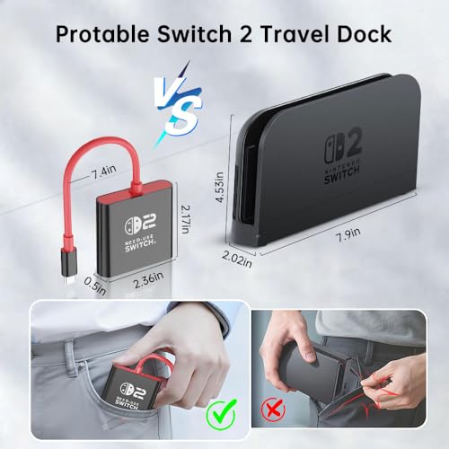 GOPALA Switch 2 Dock, 4k@60Hz for Nintendo Switch 2 Dock for New Version 21.1.0, Plug and Play Switch 2 Portable Dock, 3-in-1 Switch 2 Travel Dock Compatible with Switch 2/Switch 1/OLED/Steam Deck - color: Black+Red