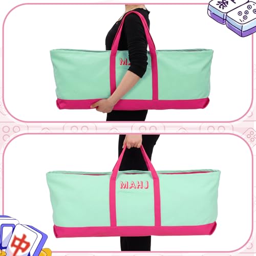 Mahjong Bag for Tiles and Racks Empty American Mahjong Tiles Carrying Tote 31.5 x 12 x 4 Inch Canvas Tile Game Accessory Gift for Pusher Rack Mat Carrying, Case Only(Rose Red and Green) - color: Rose Red and Green