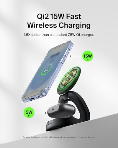 Belkin Qi2 15W Magnetic Wireless Charging Station, 2-in-1 Phone Stand | MagSafe compatible, iPhone 17/16/15, Apple Watch, AirPods, Pixel 10, portable charger stand, 30W adapter - color: Black, style: 2 in 1