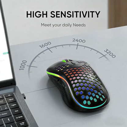 MELOGAGA Wireless Gaming Mouse RGB Rechargeable Lightweight Honeycomb Black | 7-Color LED Light, 4 DPI Levels, USB-C Recharge & Stable 2.4G Wireless for PC Mac Laptop Desktop Computers - color: Black