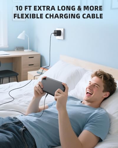 (10ft) Switch 2 Charger with 10FT/3M USB-C Cable - 60W AC Power Adapter, Support 4K TV Dock & PD 3.0 Fast Charging, Power Supply 20V/3A for Nintendo 2/1,Wii Charger(10FT - Long Reach for Large Spaces) - size: 10FT