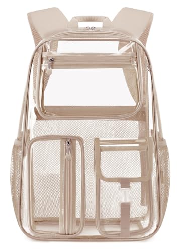 Large Clear Backpack Heavy Duty for check Sport Event,16in TPU Gold BookBag | See Through plastic Stitch durable Design 6-Pocket For School Adults work Warehouses Airport security Adults Boys Girls bag - color: Gold, Clear