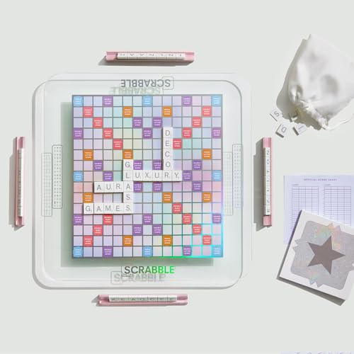 WS Game Company Scrabble Aura Edition, Iridescent Rotating Tempered Glass Board, Non-slip Metallic Wood Letter Tiles, Luxe Tile Racks & Organizer Tray, Family Word Board Games for 2-4 Players, Ages 8+