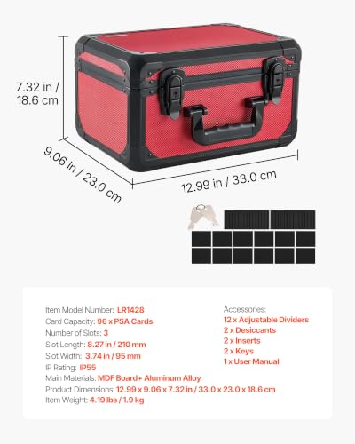 VEVOR Graded Card Case 3 Row 96 PSA Slab Storage Box with Secure Lock, Baseball Sports Trading Cards Holder Collector with 12 Dividers, Key, Holds 76 SGC 68 BGS 348 Top Loaders and 999+ Loose Cards