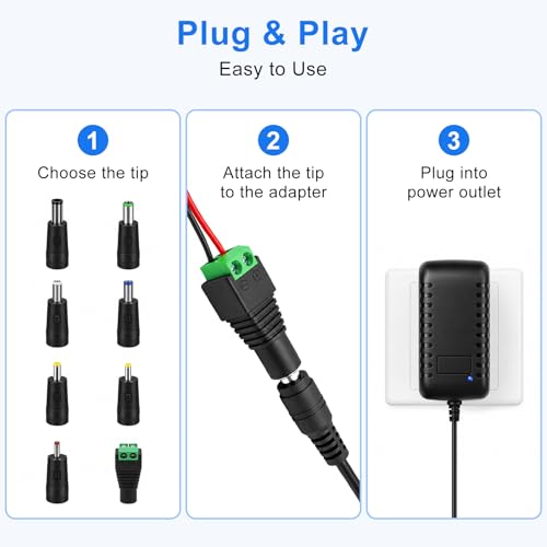 inShareplus 12V 2A Power Supply Adapter, 24W AC to DC Universal Adapter with 8 DC Tips (5.5×2.1mm), Replacement for LED Strip Lights, Router, DVR and Other 12V Devices - size: 12V2A 24W