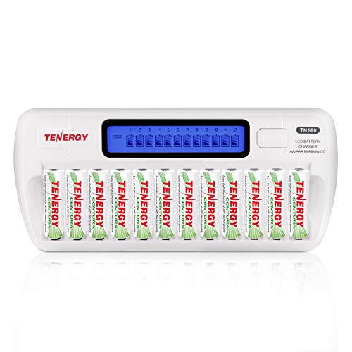 Tenergy 12 Pack Centura AA Rechargeable Batteries and TN160 12-Bay Smart Battery Charger, 12 Pack AA Low Self-Discharge Batteries and Charger for Remote Controllers, Toys, and More - size: Charger + 12 Pack Centura AA