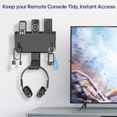 Kytok Adhesive Remote Control Holder Wall Mount with Headset Hanger, 3 in 1 Organizer TV/Fan Remote Caddy with Hook for Headphone, No Drill Controller Storage Bracket, Bed Wall Rack