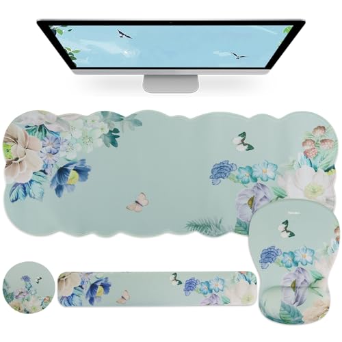 Petmolico Desk Pad Set with Wrist Rest for Keyboard & Mouse, Green Flower | Anti-slip PU base, durable Lycra & memory foam, relieves wrist fatigue, perfect for work, home & daily use - color: Light Green