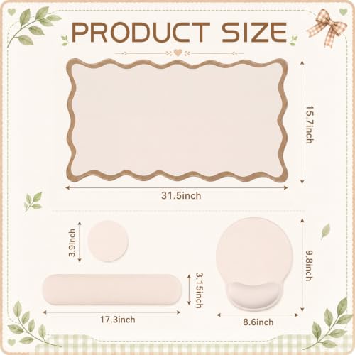 Sabary Scalloped Desk Mat Keyboard Mouse Pad Set 31.5 x 15.7 Inch Beige Preppy Table Mat Keyboard Wrist Rest Cute Aesthetic Mouse Pad with Wrist Rest Coaster Ergonomic Non-Slip Waterproof Gaming Desk - color: Beige, size: 31.5 x 15.7 Inch