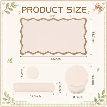 Sabary Scalloped Desk Mat Keyboard Mouse Pad Set 31.5 x 15.7 Inch Beige Preppy Table Mat Keyboard Wrist Rest Cute Aesthetic Mouse Pad with Wrist Rest Coaster Ergonomic Non-Slip Waterproof Gaming Desk - color: Beige, size: 31.5 x 15.7 Inch