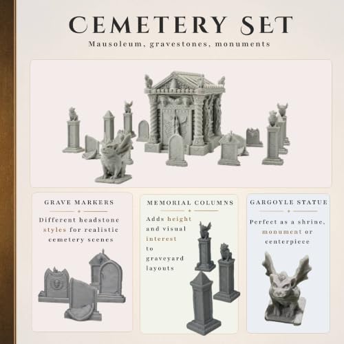 Small Gothic Cemetery Set Terrain 28mm | Gothic cemetery terrain for Dungeons & Dragons, tabletop RPGs and wargaming with mausoleum, gravestones and gargoyle statues