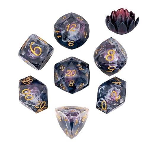 7PCS DND Dice Set,Transparent Sharp Edge Dice Set D&D RPG Polyhedral Die,for Dungeons and Dragons TTRPG Games Roleplaying Games,with Gift Box(Purple Blue Lotus) - color: Lotus Purple Black