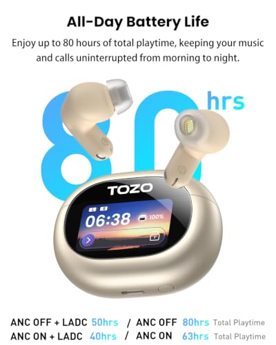 TOZO NC20 Pro Active Noise Cancelling Wireless Earbuds, Smart LCD Screen | LDAC Hi-Res Audio, Stereo Bass, 6 Mics AI Call Ear Buds, 80H Playtime, IPX8 Waterproof, 32 EQ via App, Wireless Charging - color: Champagne