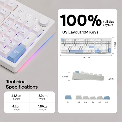 MechLands Vibe108 Full Size Mechanical Keyboard w/Knob, Multimedia Button | Wireless Gaming Keyboard with 10000mAh Battery, RGB Backlits, 104 Keys Hot Swappable, Custom Driver (Vela Silent Switch) - color: Vela Silent Switch