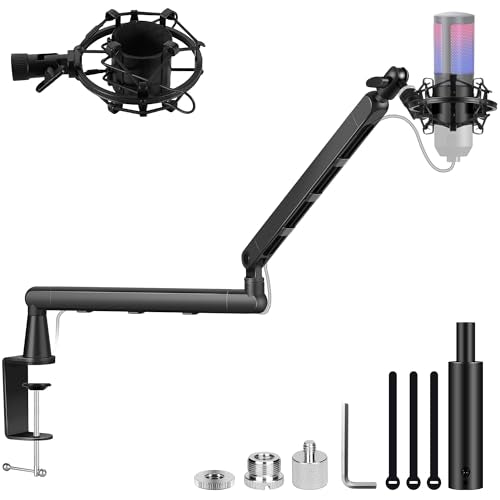 CAHAYA Mic Stand Boom Arm - Low Profile Adjustable Microphone Arm Stand with 3.5" Extension Pole Desk Clamp Screw Adapter for Streaming Gaming Black