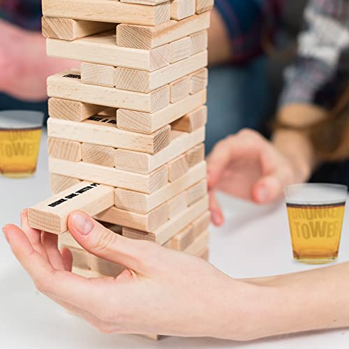 Gamie Tumbling Tower Drinking Games for Adults, with 4 Glasses and 48 Wooden Blocks with Challenges, Fun House Adult Party Games for Game Night, Great Gift Idea for Everyone
