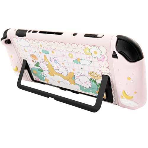 Protective Case for Nintendo Switch 2, Hard Back Shell + 2 Silicone Anti-Slip Controller Covers + 2 Joystick Caps, Rabbit and Flower Cover, Pink - color: Pink