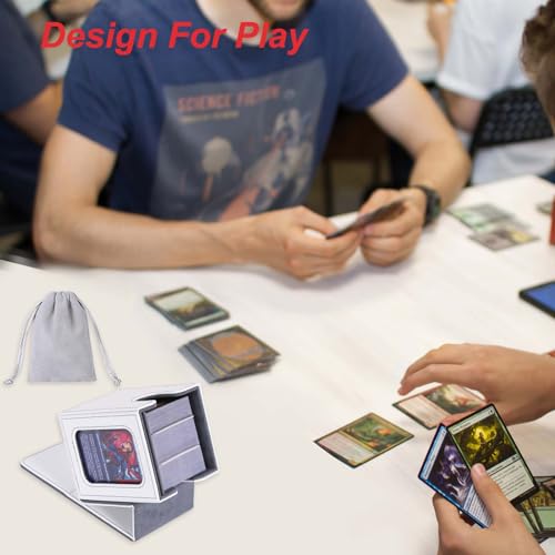 AFIING MTG Deck Box for Commander Display, Fits 100 Double Sleeved Cards, Magic Commander TCG Card Storage Box with 2 Dividers, Drawstring Bag and 1 Toploader (White/Grey) - color: Commander White Grey
