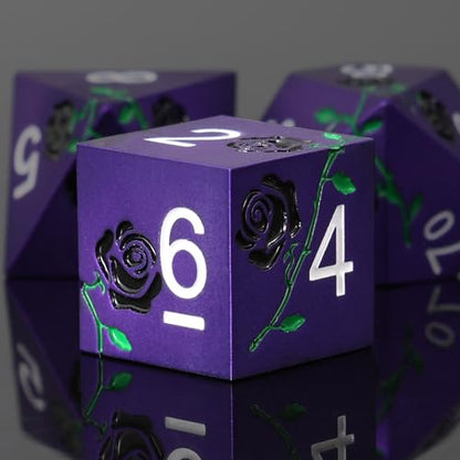Rose Engraved Metal Dice Set 7PCS for DND RPG Tabletop Gaming | Solid zinc alloy build with 150g weight for balanced rolls(Purple with Black Rose) - color: Purple With Black Rose