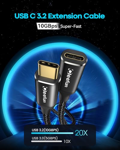 CLEEFUN USB-C Extension Cable - 1ft, 1-Pack, USB-C Male to Female, 10Gbps Data & 4K Video Sync, 100W Fast Charging for Laptop, Tablet, Phone - color: Black, size: 1ft
