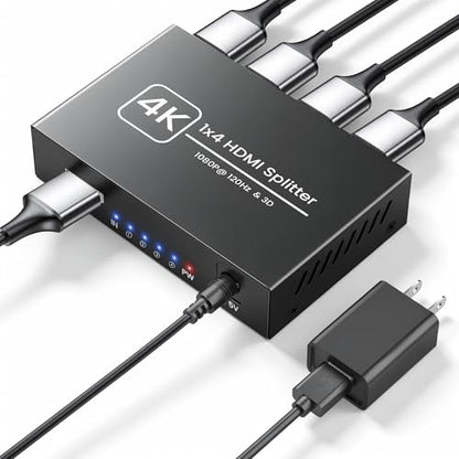 4K HDMI Splitter 1 in 4 Out, Supports 1080P@120Hz, Up to 100ft Transmission | Powered 1x4 HDMI Splitter with 5V DC UL Power Adapter, Mirror Display Only, Compatible with TV, PS5, Xbox, Projector