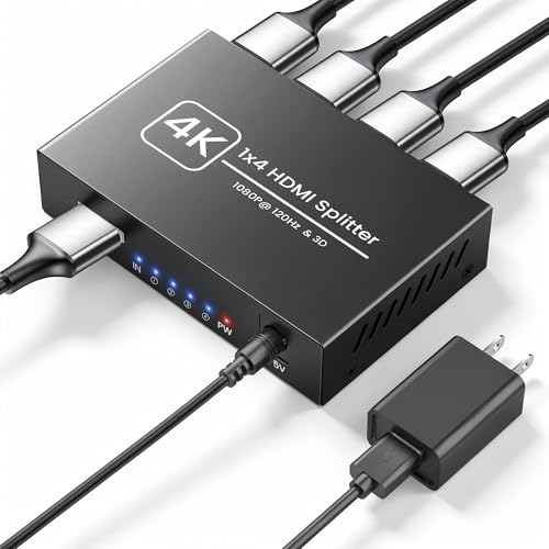 4K HDMI Splitter 1 in 4 Out, Supports 1080P@120Hz, Up to 100ft Transmission | Powered 1x4 HDMI Splitter with 5V DC UL Power Adapter, Mirror Display Only, Compatible with TV, PS5, Xbox, Projector