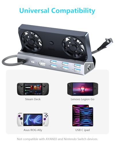 12-in-1 Steam Deck Dock with Dual RGB Cooling Fans, 4K@60Hz HDMI 2.0, 6 USB Ports, Gigabit Ethernet, 100W PD, 40Gbps for Steam Deck/ROG Ally/Switch/Legion Go | Compatible with Switch 2/OLED, MSI Claw, Legion Go S/2. Multi-ports HDMI/USB-C/Ethernet. Keeps