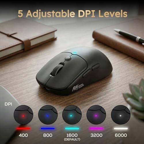 RK ROYAL KLUDGE MO1 Wireless Mouse, 55g Ultra-Lightweight Computer Mice, 6 Programmable Buttons, Quiet Click, 2.4GHz/Bluetooth/Wired, 6000 DPI Optical Sensor, Black - color: Black
