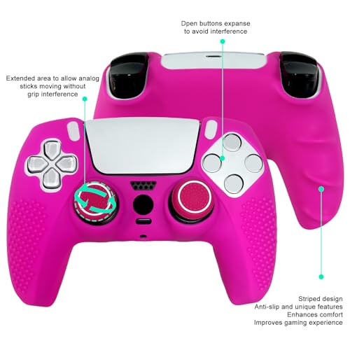 Anti-Slip Pink PS5 Controller Skin,Studded Edition Protective Silicone Cover Skin Grips Compatible with PS5/Slim/Pro Controller and 6 PCS Thumb Grips Caps. - color: Pink