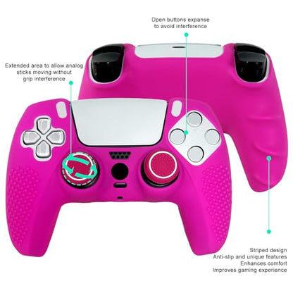 Anti-Slip Pink PS5 Controller Skin,Studded Edition Protective Silicone Cover Skin Grips Compatible with PS5/Slim/Pro Controller and 6 PCS Thumb Grips Caps. - color: Pink