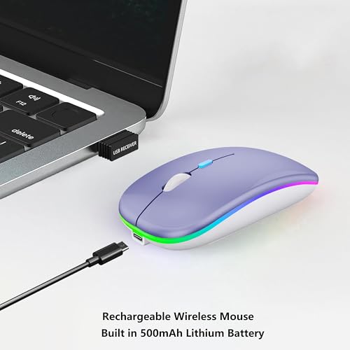 WREANU Wireless Bluetooth Mouse Rechargeable Laptop Mice with LED Lights Silent Slim Use(BT5.2 and 2.4G Portable USB Receiver)Dual Mode Computer Mouse for Laptop/iPad/Tablet/Apple/Computer/Mac(Purple) - color: Purple Wireless Bluetooth Mouse