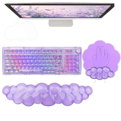 Gel Cloud Wrist Rest Keyboard Clear Purple Mouse Pad with Wrist Rest Set 3PCS Ergonomic Cool Keyboard Wrist Pad Cute Acrylic Coaster Non-Slip Base Cute Transparent Mouse Wrist Pad Support for Computer - color: 3pcs Gel Purple
