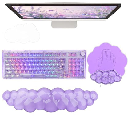 Gel Cloud Wrist Rest Keyboard Clear Purple Mouse Pad with Wrist Rest Set 3PCS Ergonomic Cool Keyboard Wrist Pad Cute Acrylic Coaster Non-Slip Base Cute Transparent Mouse Wrist Pad Support for Computer - color: 3pcs Gel Purple