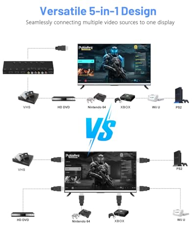 5-in-1 HDMI/AV Switcher, RCA to Digital Converter – 2 AV & 3 HDMI Inputs, Support HDR & HDCP 2.2 & Full 3D for Sega/Xbox/PS1/PS2/Xbox,PS5/PS4,Roku,Fire Stick - size: 2AV+3HDMI to HDMI Converter