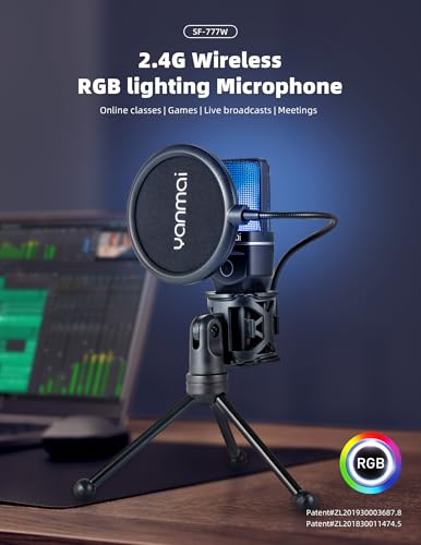 2.4G Wireless Gaming Microphone for PC, Mac & Phone, ANC Noise Cancelling Condenser Mic with RGB Light, Gooseneck Tripod, 18H Battery, Plug & Play Mic for Singing, Streaming, Podcasting