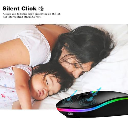 WREANU Wireless Bluetooth Mouse Rechargeable Laptop Mice with LED Lights Silent Slim Use(BT5.2 and 2.4G Portable USB) Dual Mode Computer Mouse for Laptop/iPad/Tablet/Apple/Computer/Mac (Black) - color: Black