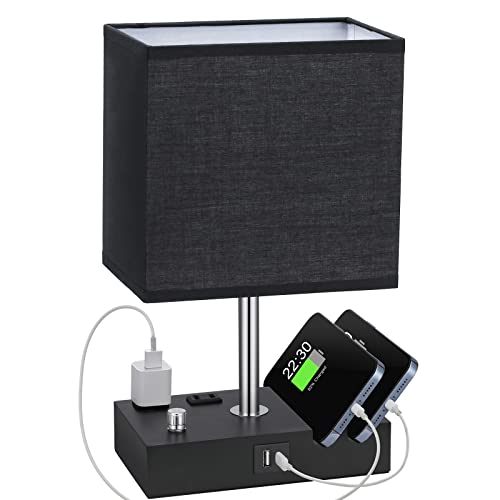 Black Table Lamp for Bedroom - Stepless Dimmable, USB C+A, 2 AC Outlets | Dimming By Rotary Knob, USB C+A Ports, 2 Phone Stands, LED Bulbs Included, Rectangle Black Lampshade, for Living Room, Desk - color: Black with Knob Switch, size: 1 Pack
