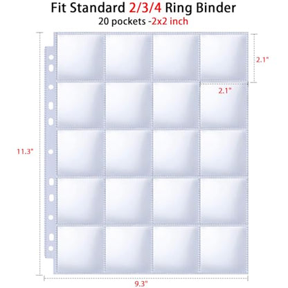 30 Pack 600 Pockets 2x2” Coin Flip Sleeves, Heavy Duty Stamp Collection Pages for 3 Ring Binder, 20 Pocket Photo Slide Flips Organizer Sheet, Top Loading Clear Cardboard Coin Holder Sleeves - color: 30 Pack Coin Sleeves