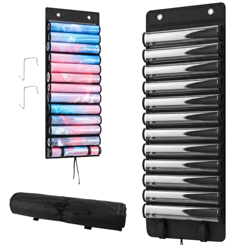 Playmat Tube Storage Bag, 12+1 Hanging Playmat Organizer for MTG/TCG Playmats, Oxford Cloth Holder with Clear PVC Windows, Roll-Up Compact Design, Includes 2 Metal Door Hooks