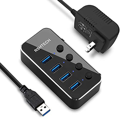 Powered USB Hub, RSHTECH 4 Port USB 3.0 Hub Splitter Portable Aluminum USB Data Hub Expander with Individual On/Off Switch and Universal 5V AC Adapter, 3.3ft USB 3.0 Cable (RSH-516) - size: 4-Port Powered USB Hub