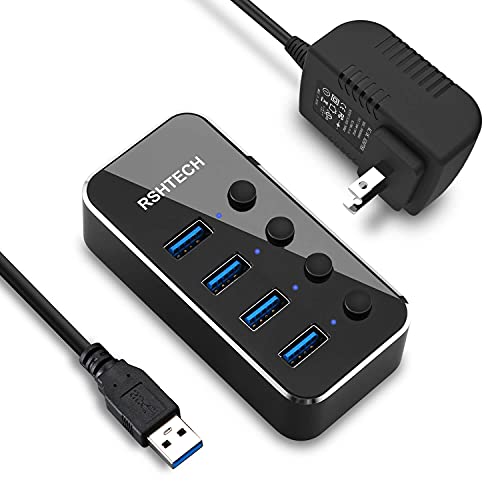 Powered USB Hub, RSHTECH 4 Port USB 3.0 Hub Splitter Portable Aluminum USB Data Hub Expander with Individual On/Off Switch and Universal 5V AC Adapter, 3.3ft USB 3.0 Cable (RSH-516) - size: 4-Port Powered USB Hub